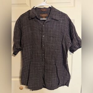Tasso Elba men’s medium Dark Brown Plaid linen button down Shirt